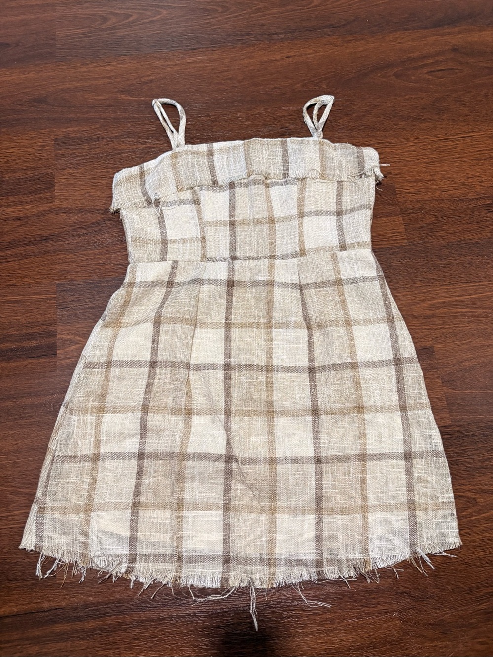 Princess Polly Beige Plaid Midi Dress with Ruffle Neckline